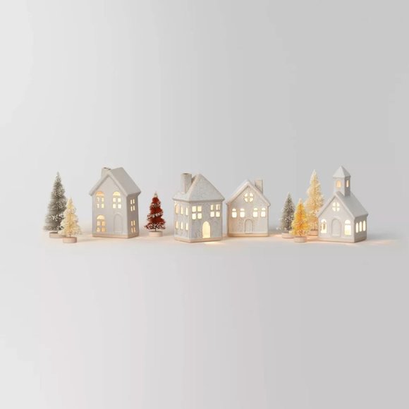 TARGET WONDERSHOP BATTERY CERAMIC HOUSES WITH TAN TREES VILLAGE KIT - Picture 2 of 4